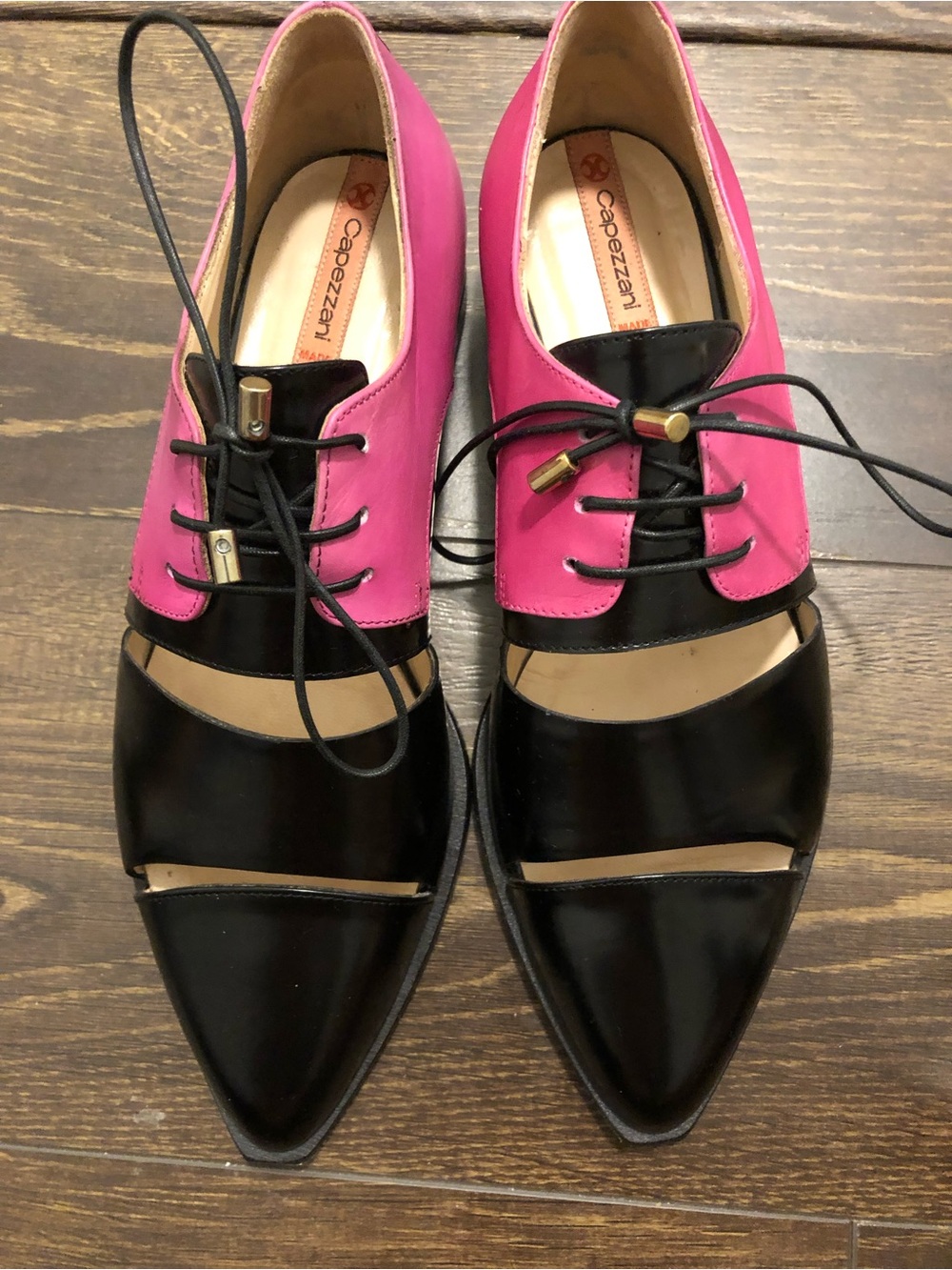 Two-Tone Pointed Lace-Up Flats in Pink and Black